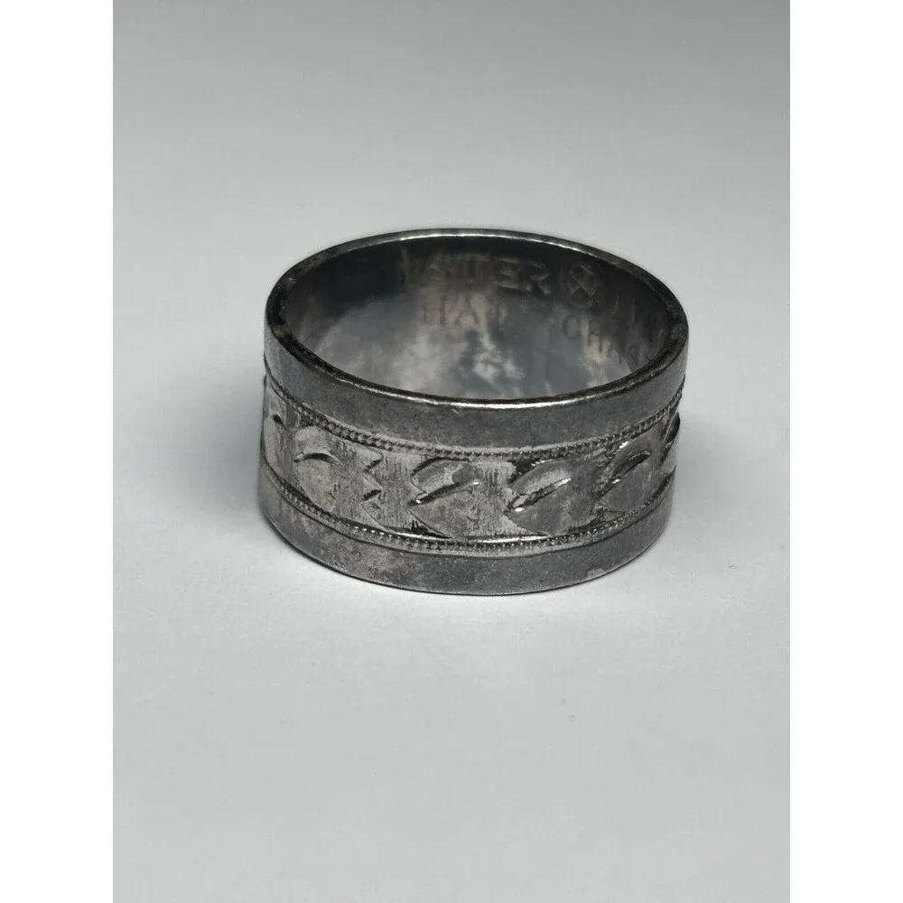 Sterling Silver 925 Inlay Heart Shapes Band Hand Chased Ring Size 5.75